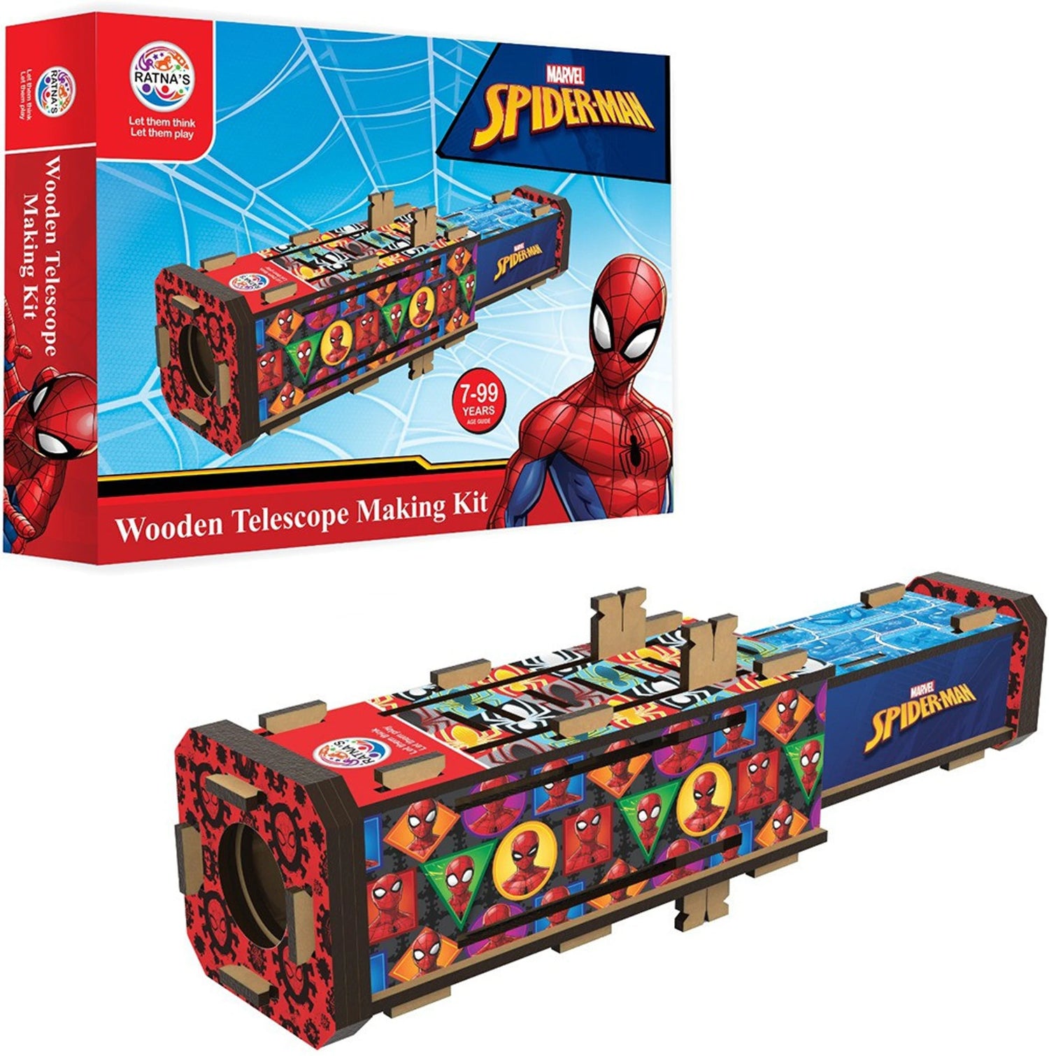 Spider-Man wooden telescope making kit with packaging on a white background