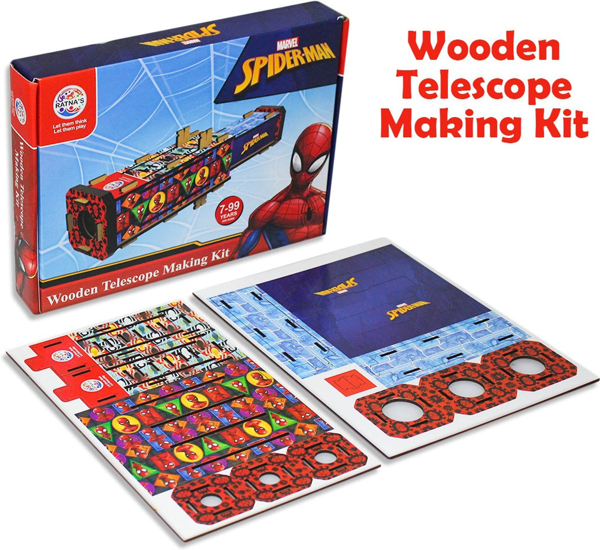 Spider-Man wooden telescope making kit with packaging and components on a white background