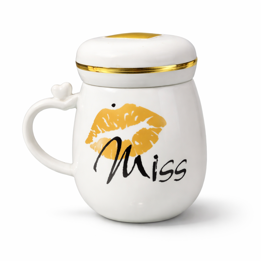 Miss Mug Golden Accents Lip Kiss Design Ceramic Lid Motumal-motumal