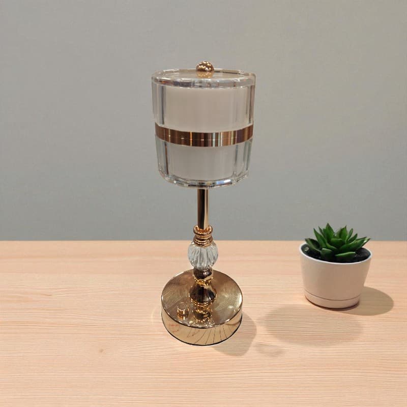 Decorative lamp with a plant on a wooden surface