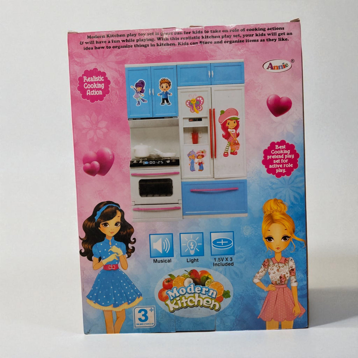 Back view of Modern Kitchen toy box highlighting role play features and cartoon illustrations of girls.