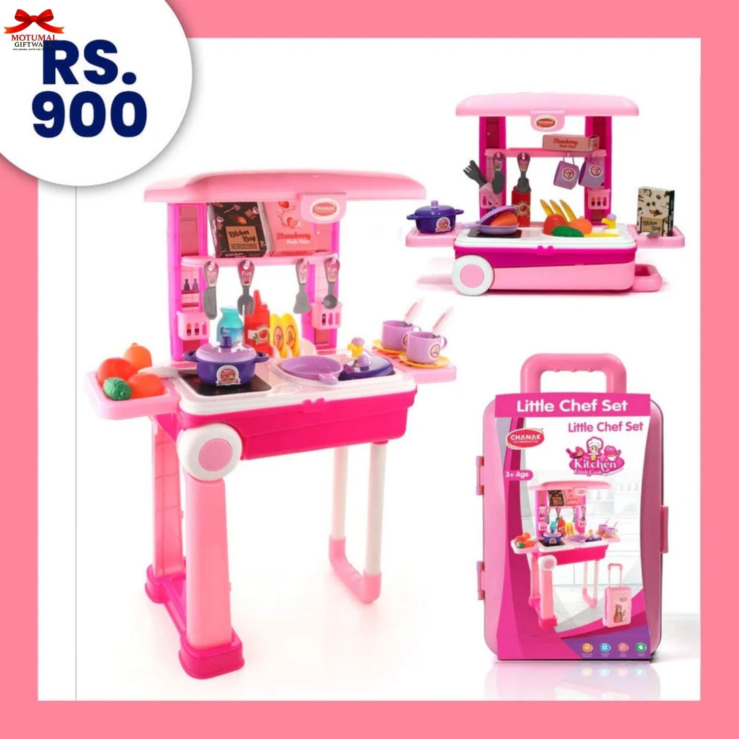 Pink toy kitchen set with accessories and packaging on a white background