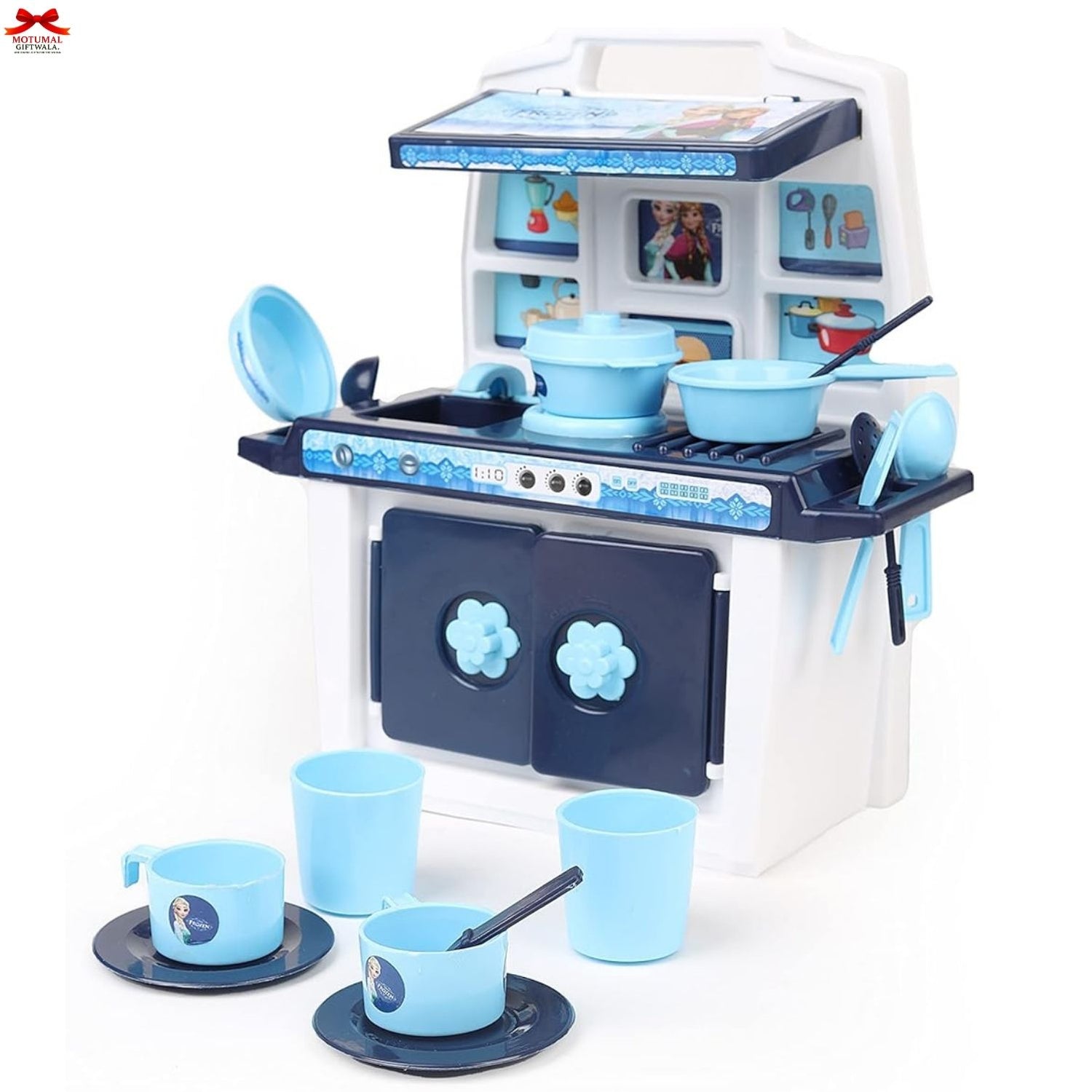 Toy kitchen set with blue accessories on a white background