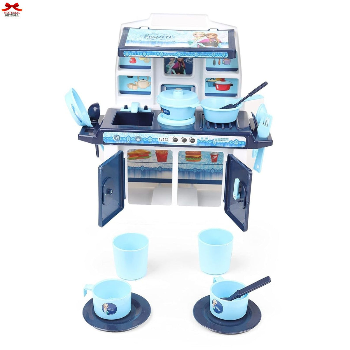 Toy kitchen set with various utensils on a white background