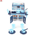 Toy kitchen set with various utensils on a white background