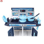 Toy kitchen set with blue and black colors on a white background