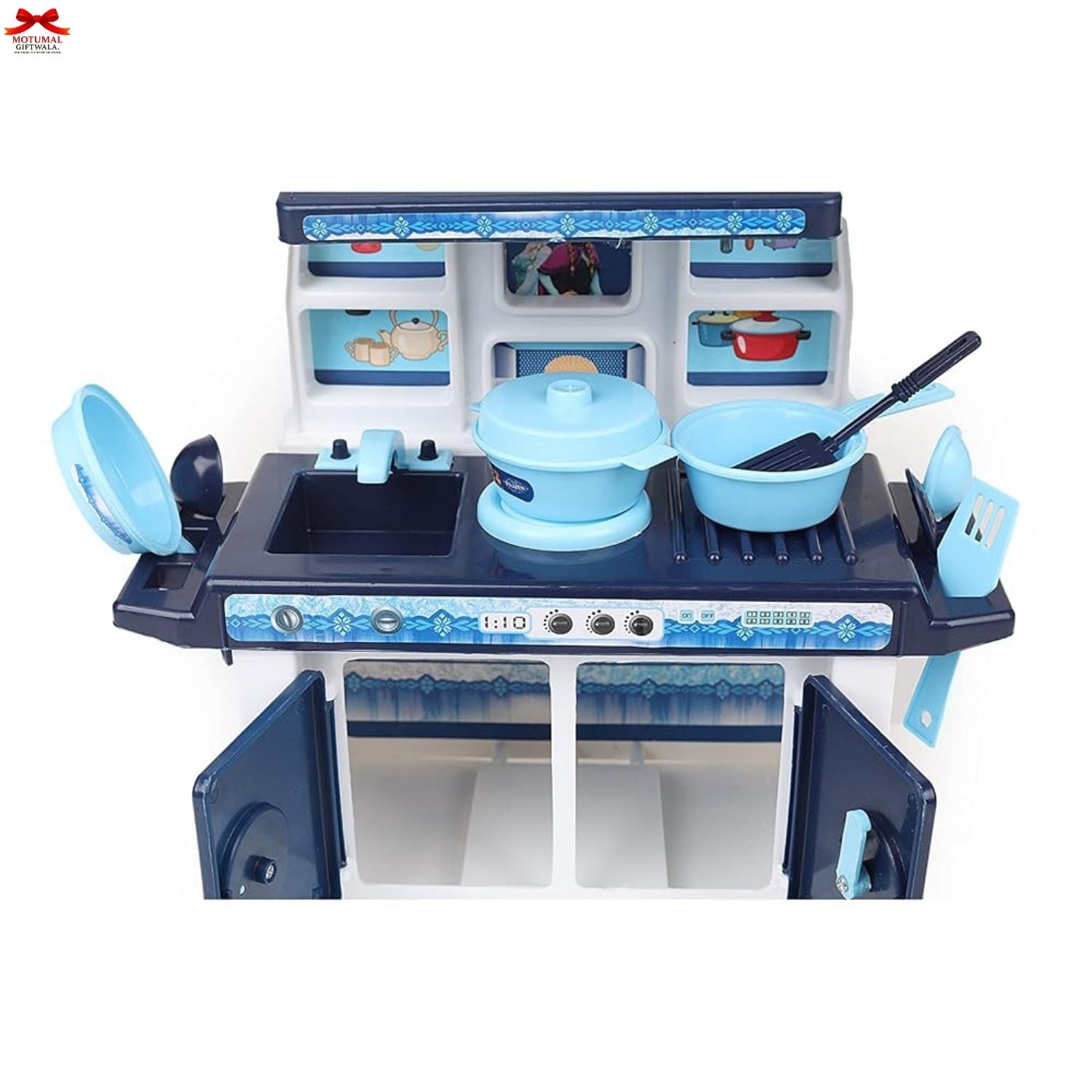 Toy kitchen set with blue and black colors on a white background