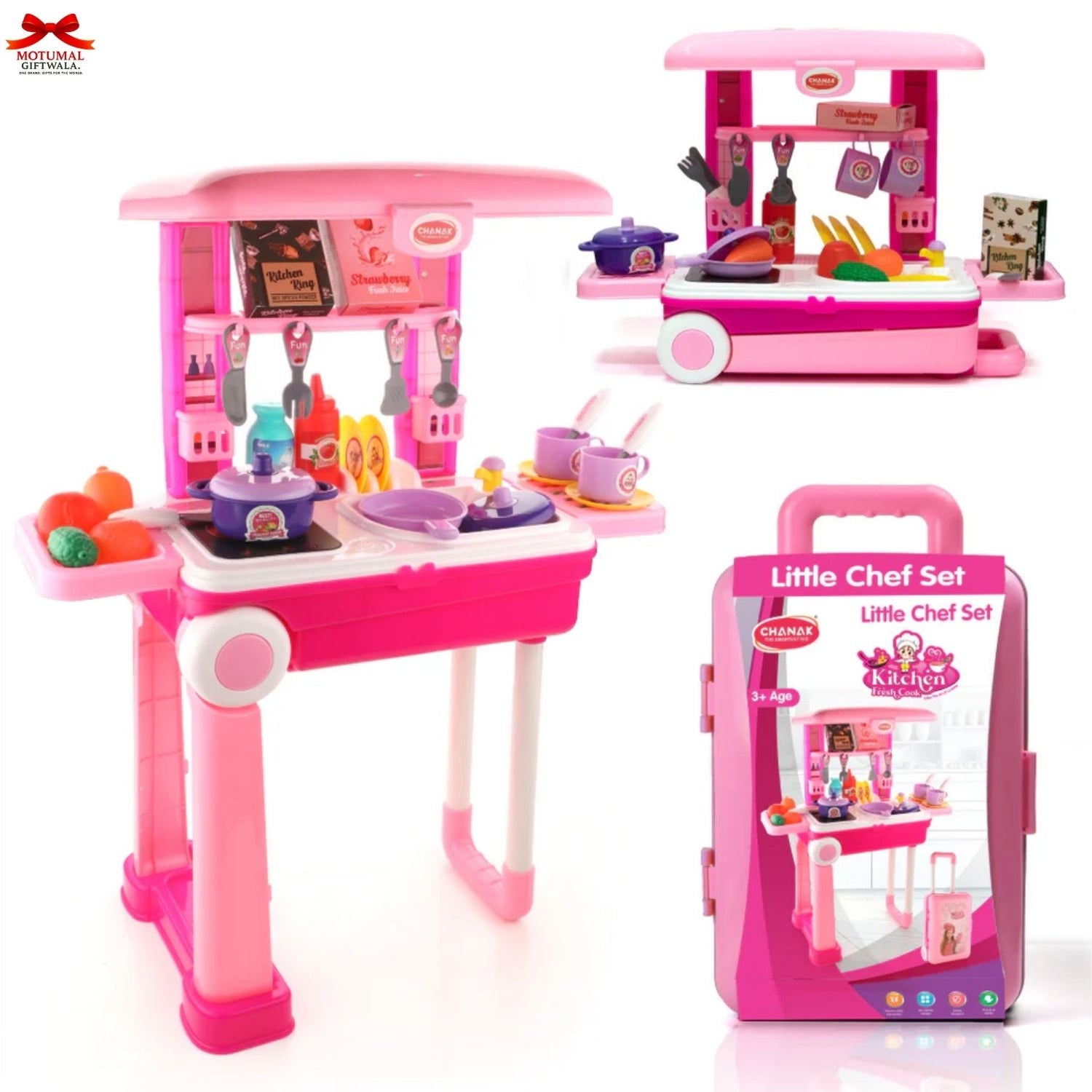 Pink toy kitchen set with various accessories and a carrying case on a white background