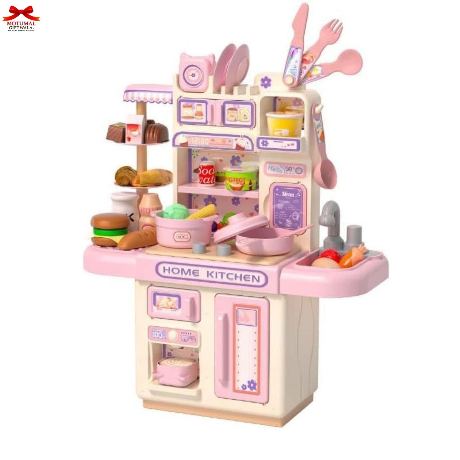 Toy kitchen set with various accessories on a white background