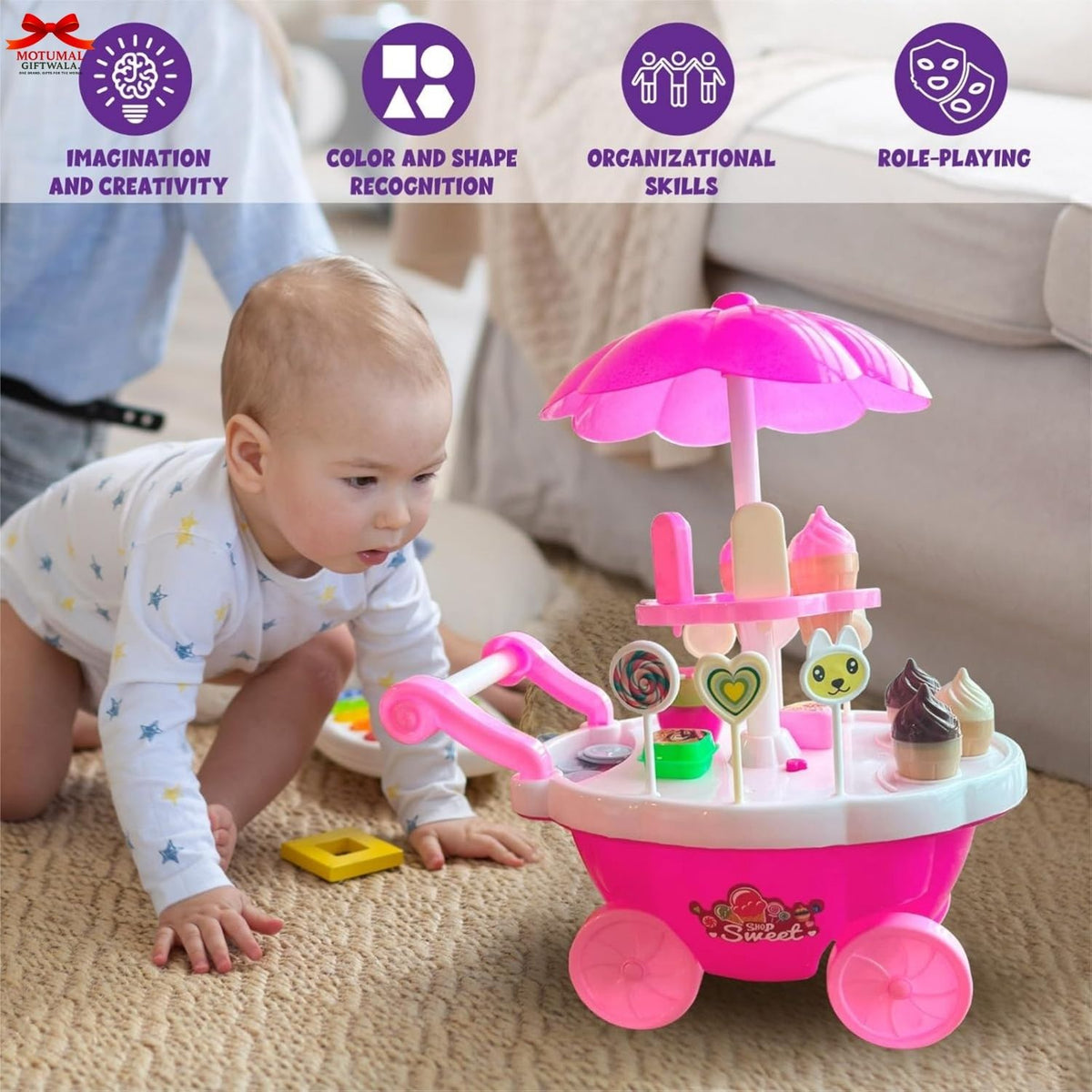 Child playing with a pink toy ice cream cart on a carpeted floor.