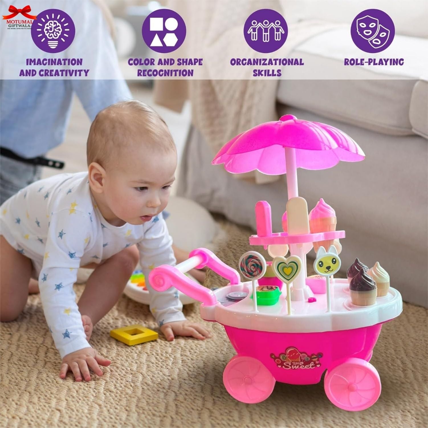 Child playing with a pink toy ice cream cart on a carpeted floor.