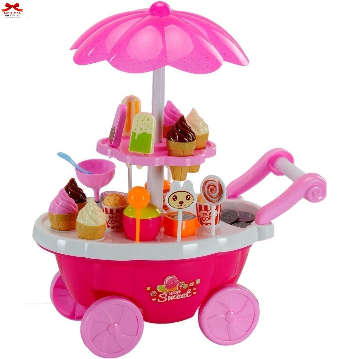 Pink toy ice cream cart with various ice cream cones and accessories on a white background