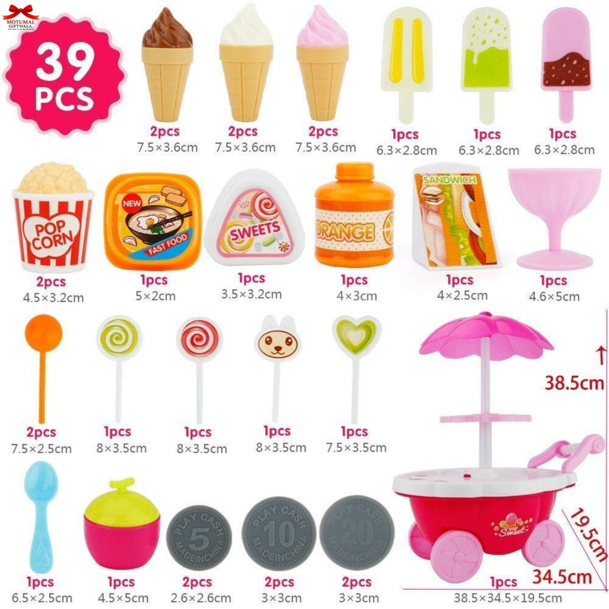Set of toy ice cream cones, popsicles, and other related items with measurements on a pink background.