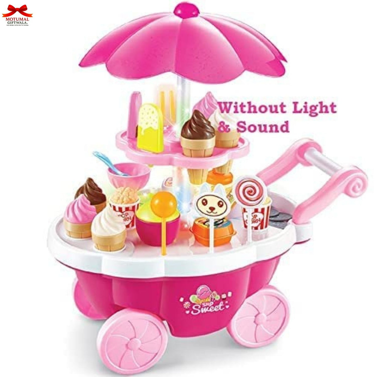 Pink toy ice cream cart with various toy ice cream cones and treats on a white background.