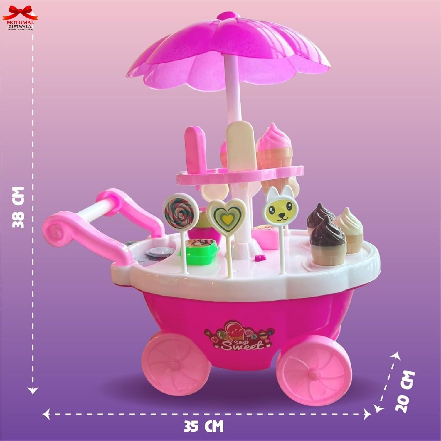 Pink toy ice cream cart with various ice cream cones and lollipops on a purple background