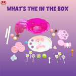Toy set with various items on a purple background and text 'What's in the box'.