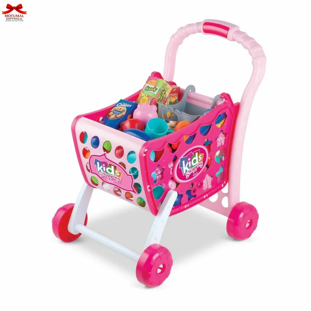 Pink toy shopping cart with colorful items on a white background