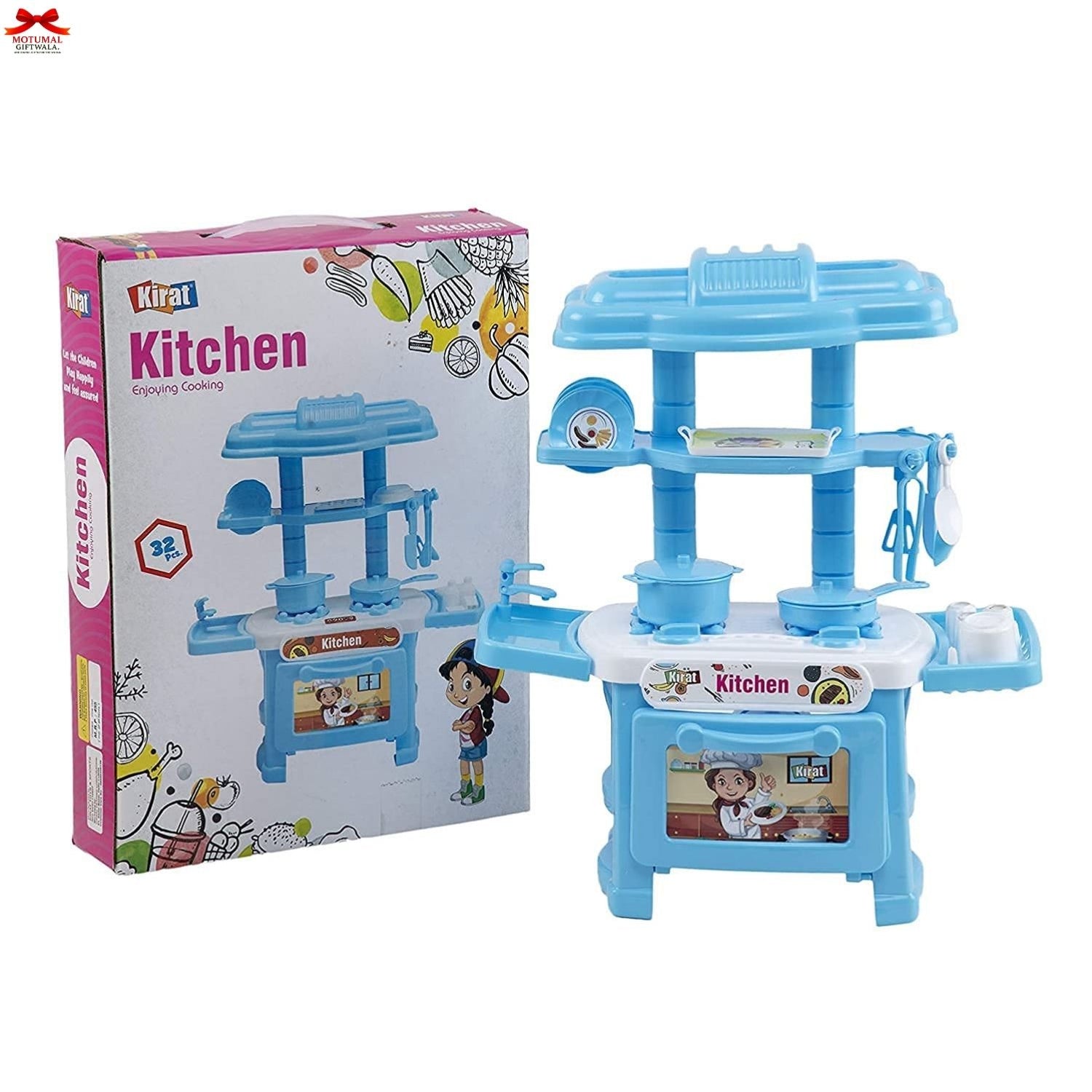Toy kitchen set with blue shelves and accessories next to its packaging on a white background
