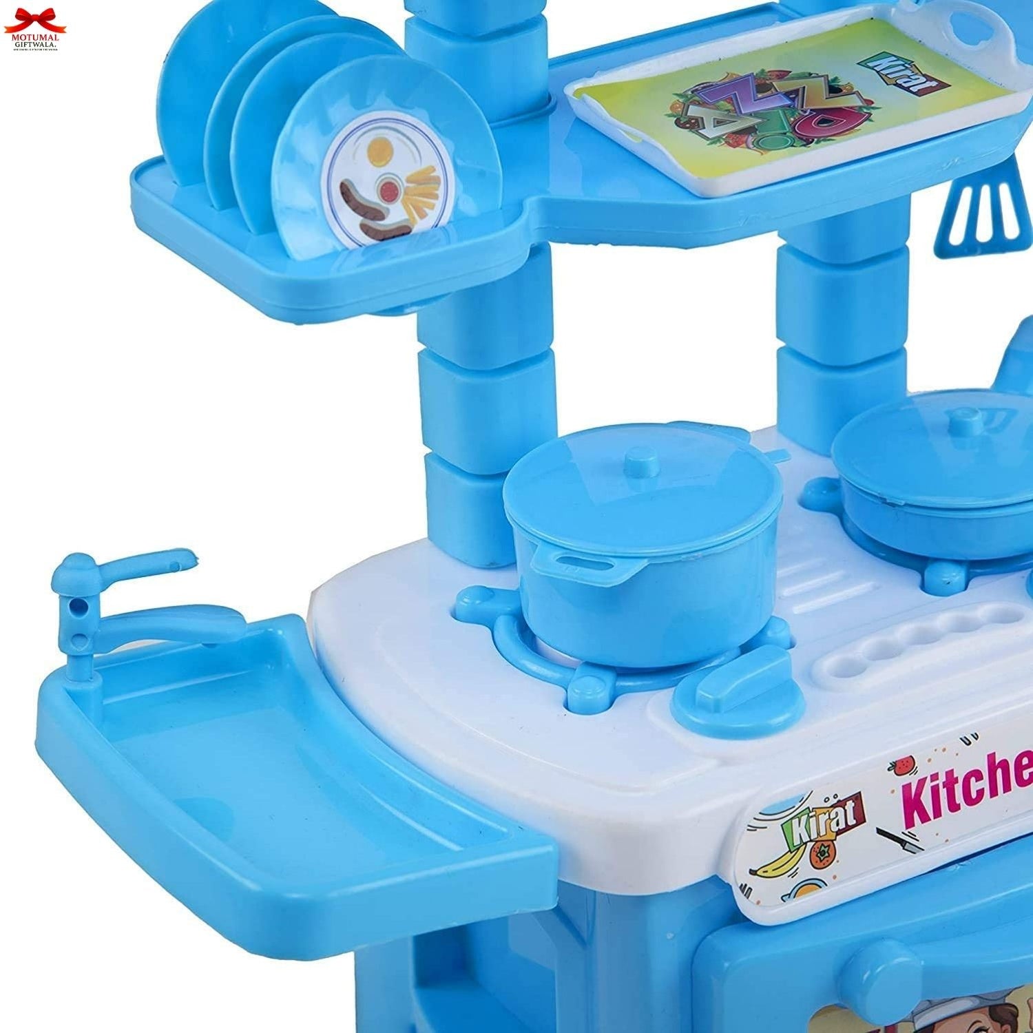 Toy kitchen set with blue appliances and a sink, featuring colorful letters on the counter.