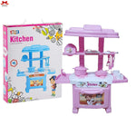 Pink toy kitchen set with a matching box on a white background