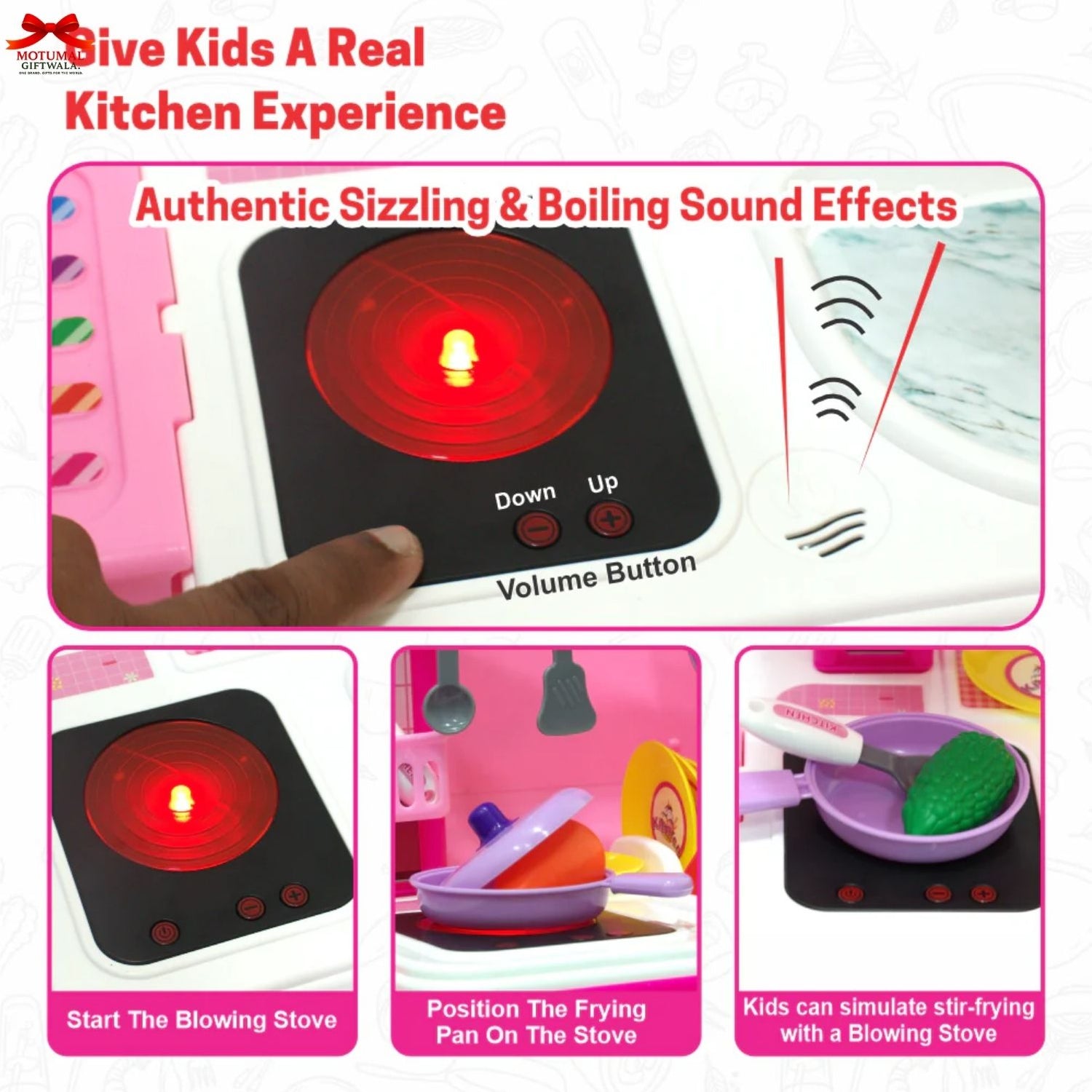 Toy stove with electronic components and sound effects, designed for children's kitchen play.