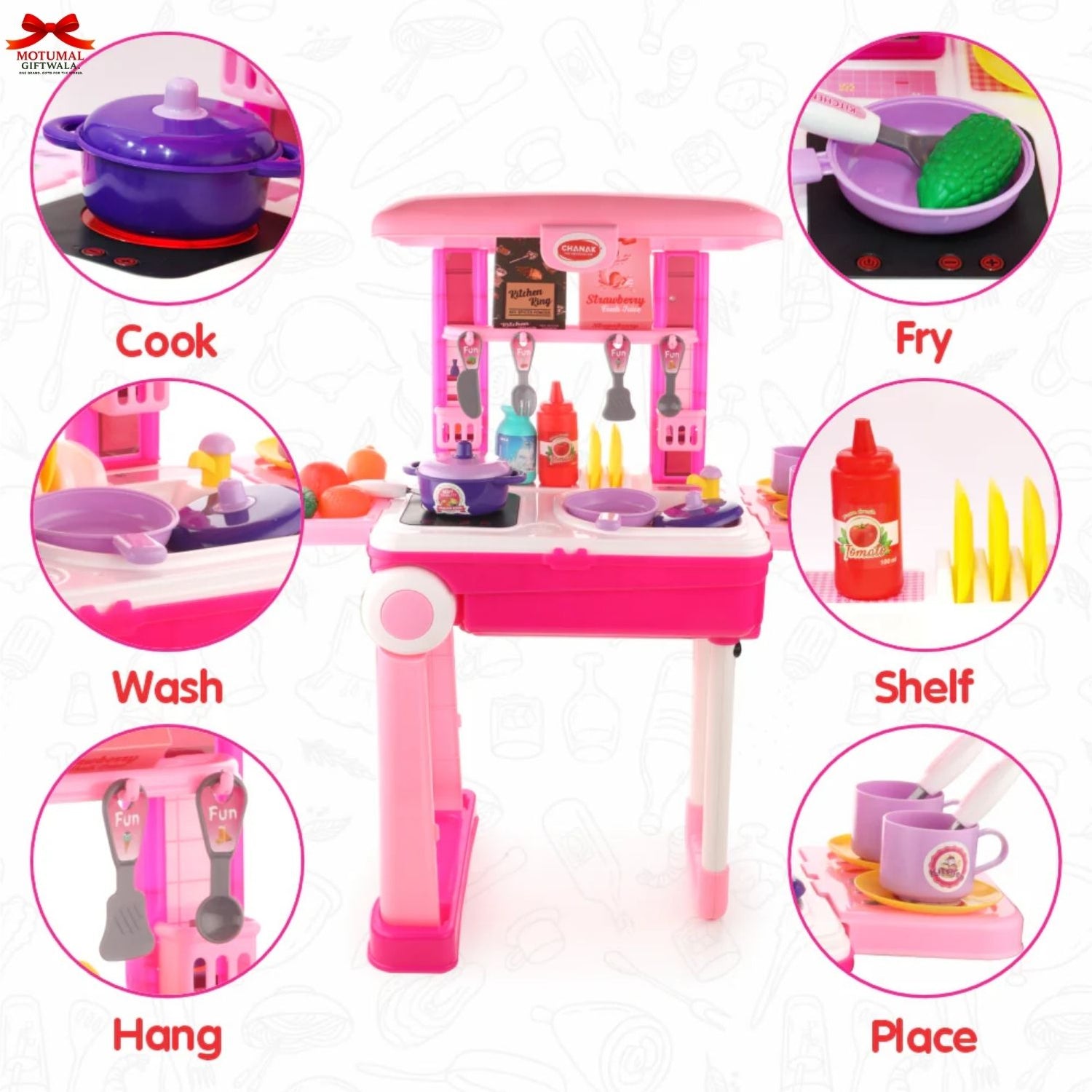 Children's toy kitchen set with various functions and accessories on a white background.
