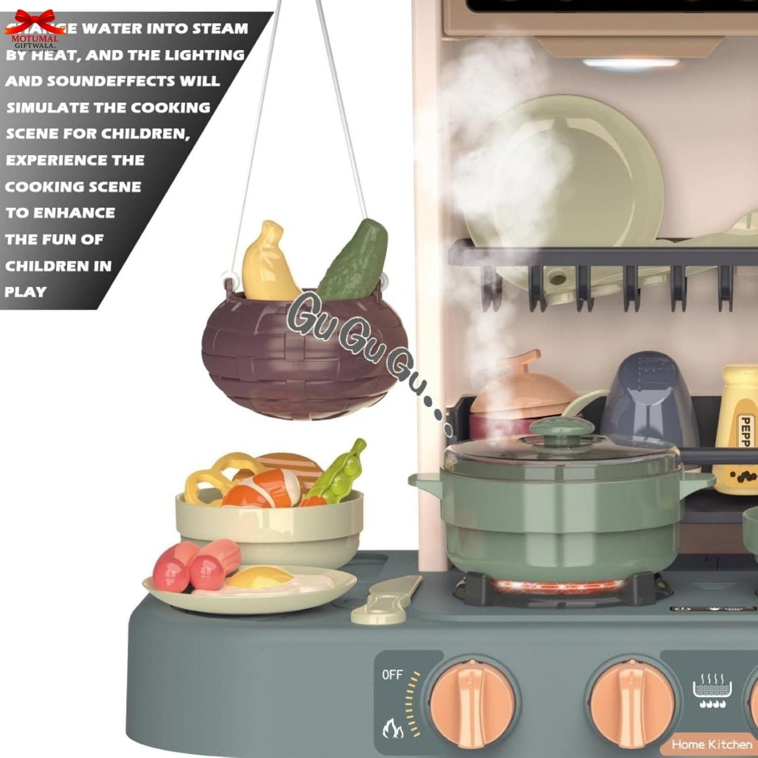 Toy kitchen set with stove, pots, and vegetables on a white background