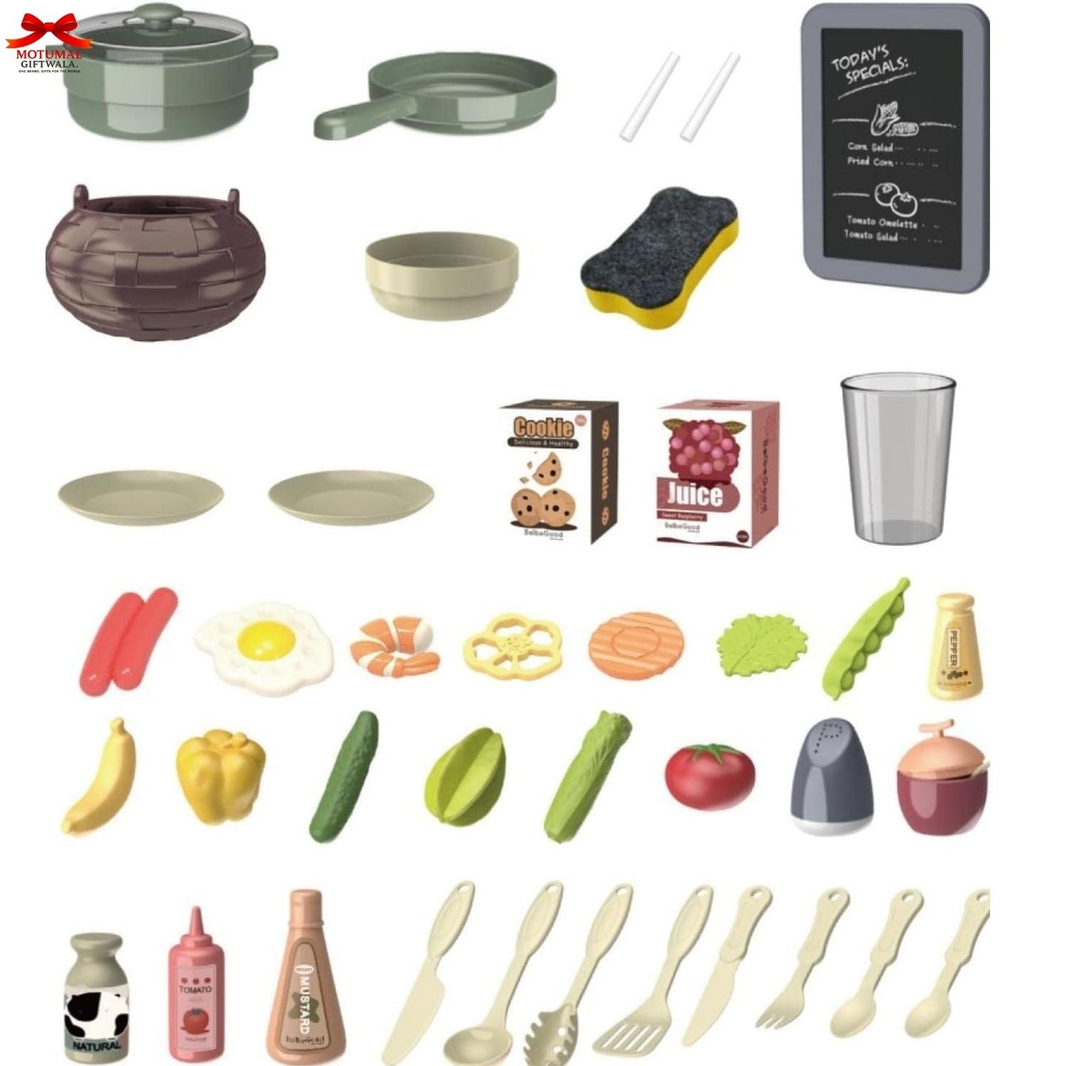 Collection of toy kitchen items including pots, pans, utensils, and food items on a white background.