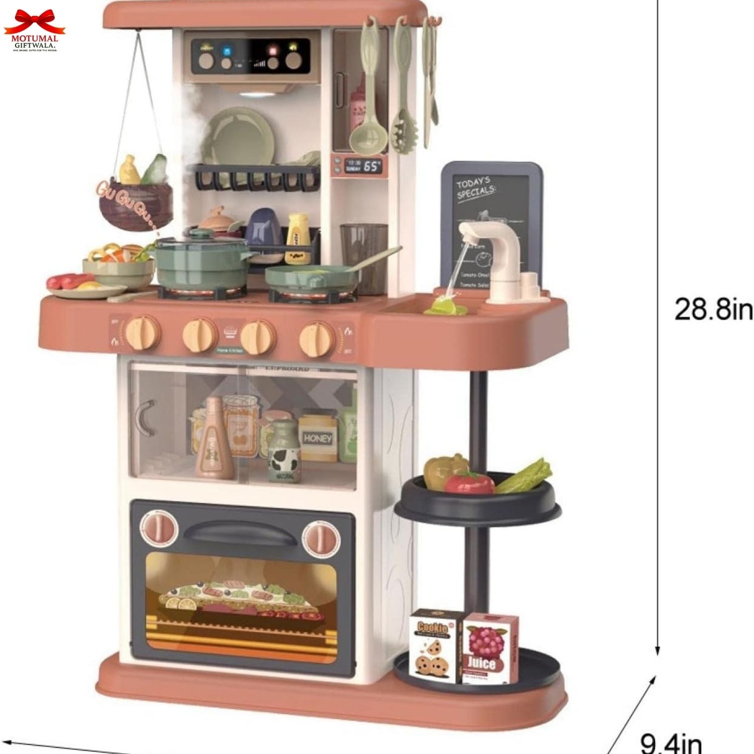 Toy kitchen set with various accessories on a white background