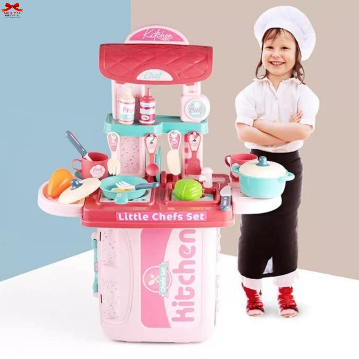 Child with a toy kitchen set, wearing a chef's outfit, on a light blue and beige background.