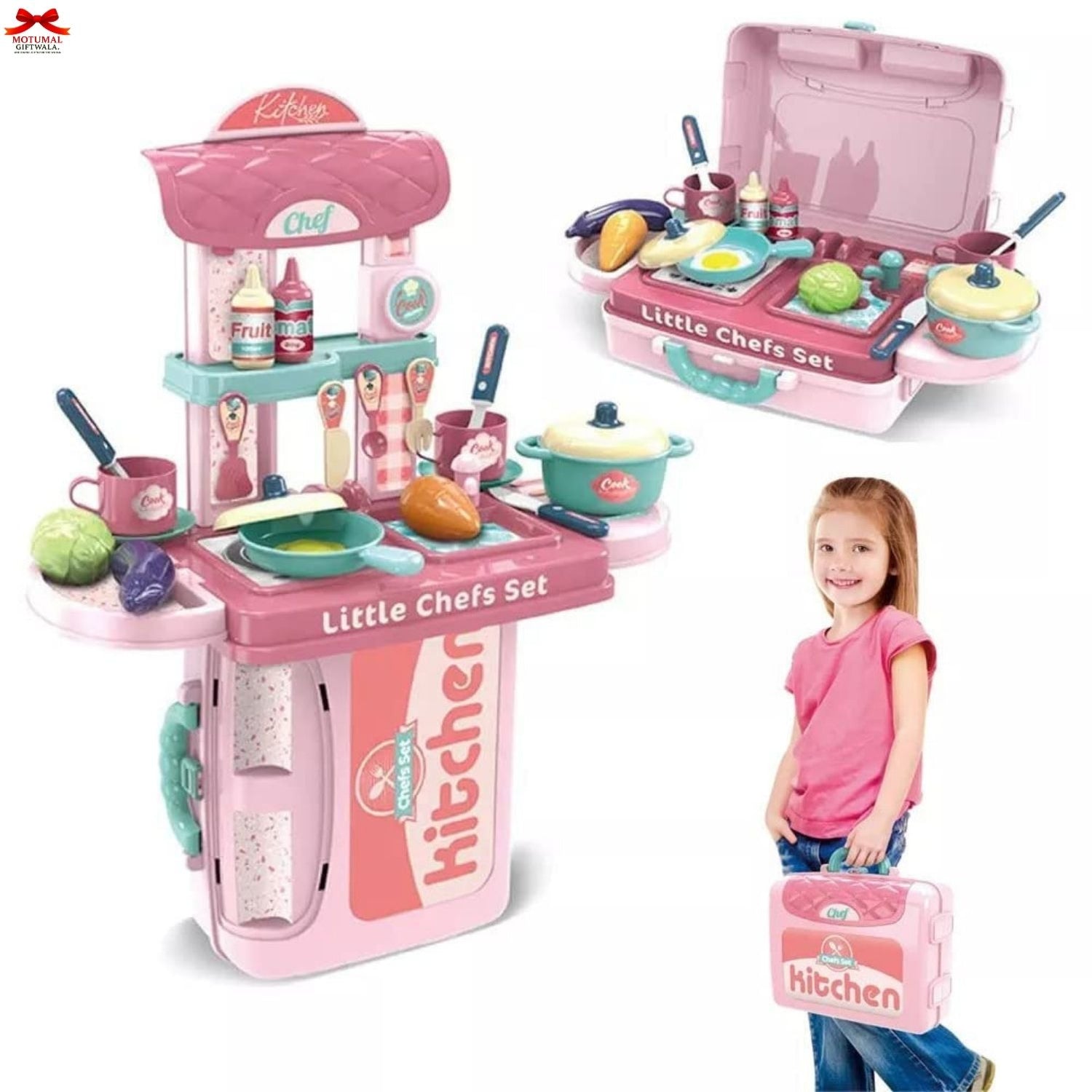 Pink toy kitchen set with accessories and a child holding the set on a white background