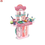 Toy kitchen set with various utensils and appliances on a white background