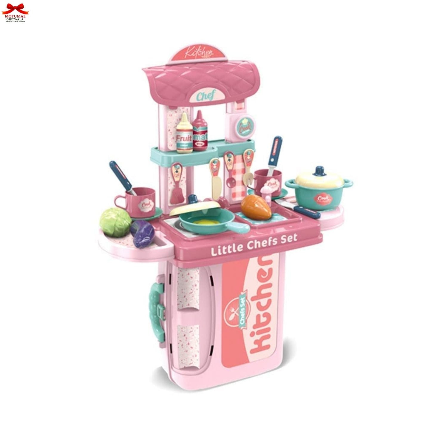 Toy kitchen set with various utensils and appliances on a white background
