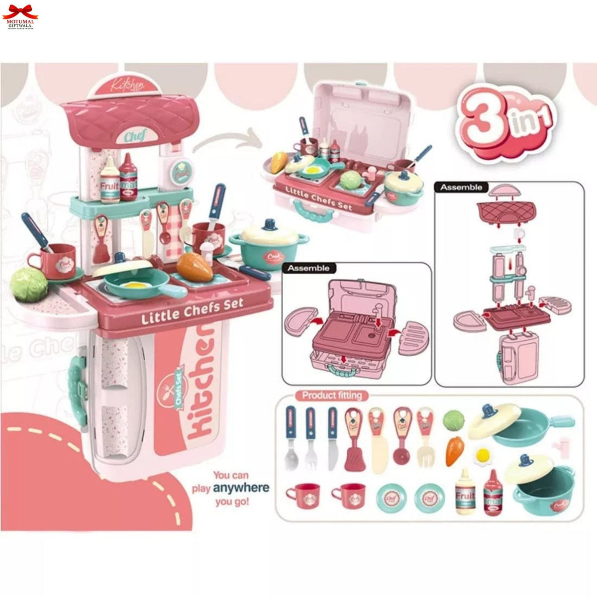 Toy kitchen set with various accessories on a white background