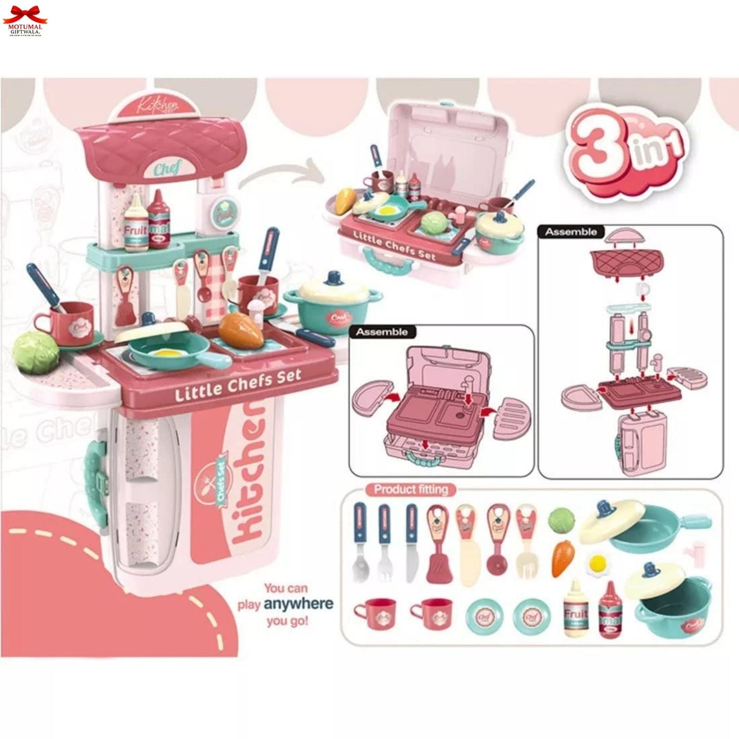 Toy kitchen set with various accessories on a white background