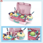 Toy kitchen set with various utensils and food items in a pink suitcase labeled 'Little Chefs Set'.