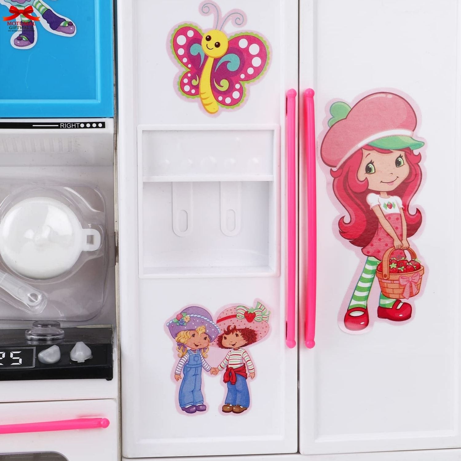 Fridge with cartoon character magnets and a butterfly magnet.