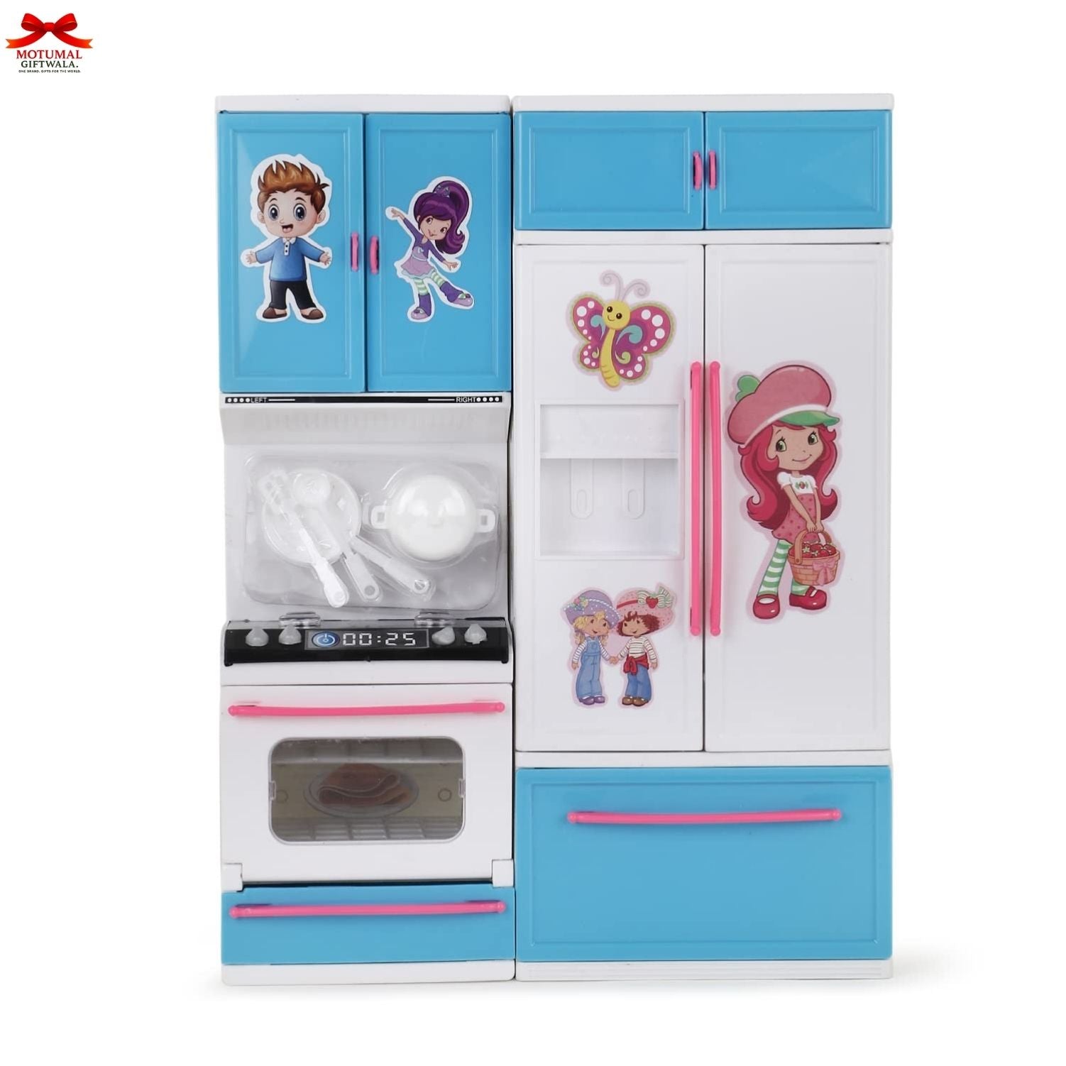Children's toy kitchen set with cartoon characters on doors