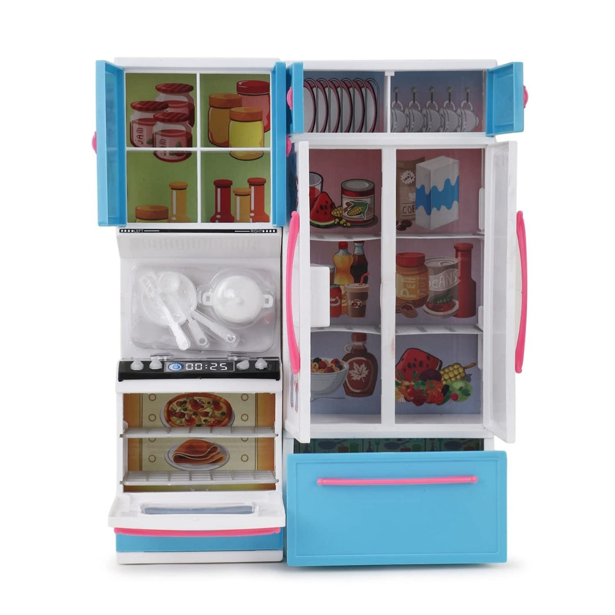 Toy kitchen set with oven and clock display, featuring pink and blue colors.
