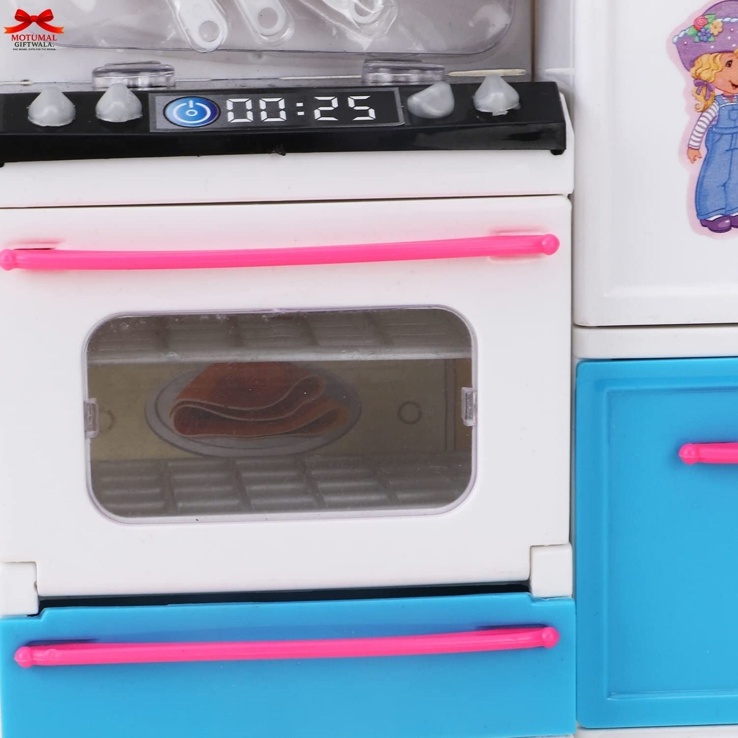 Toy kitchen set with oven and clock display, featuring pink and blue colors.