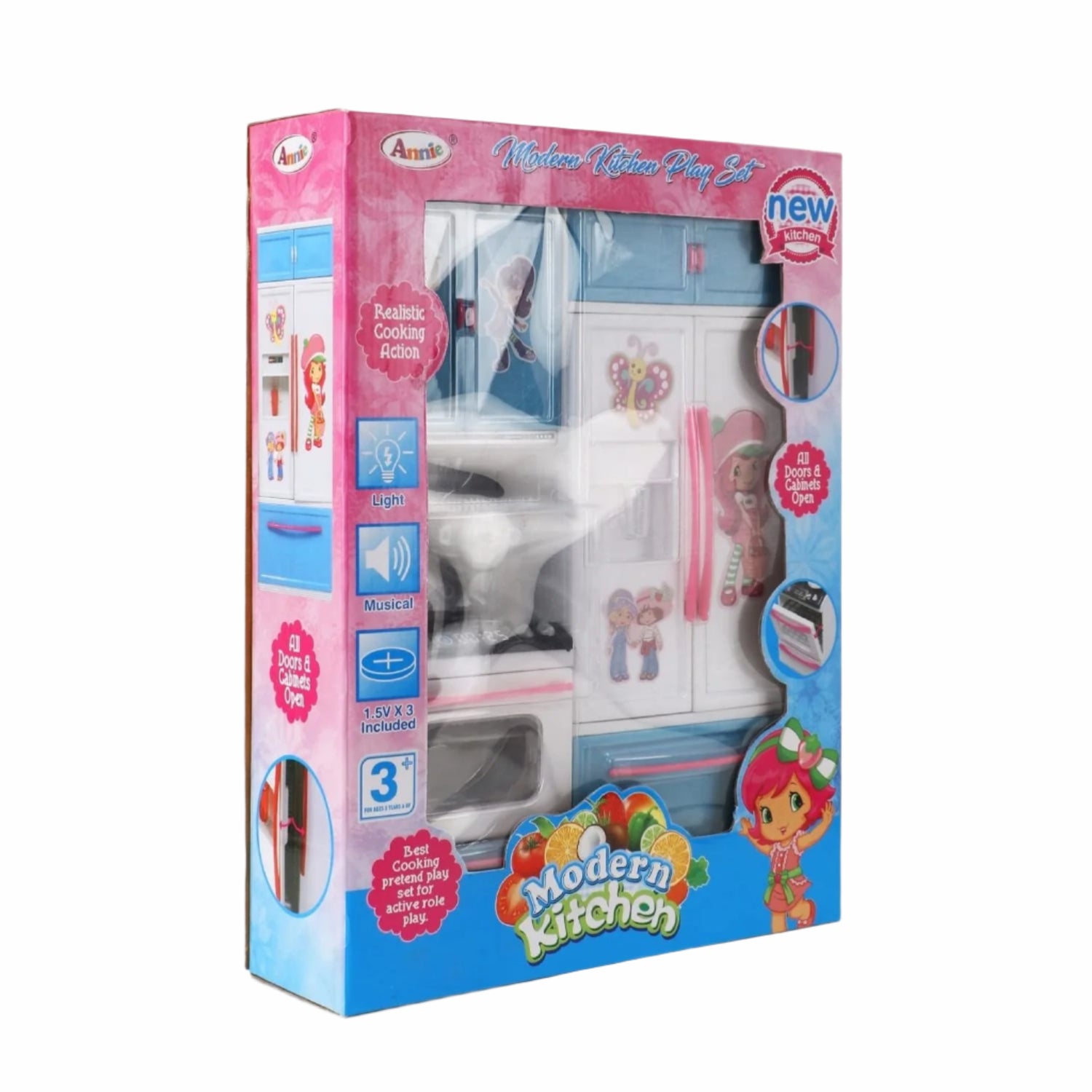 Toy kitchen set packaging with colorful design on a white background