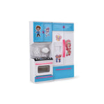 Toy kitchen set with colorful cabinets and appliances on a white background