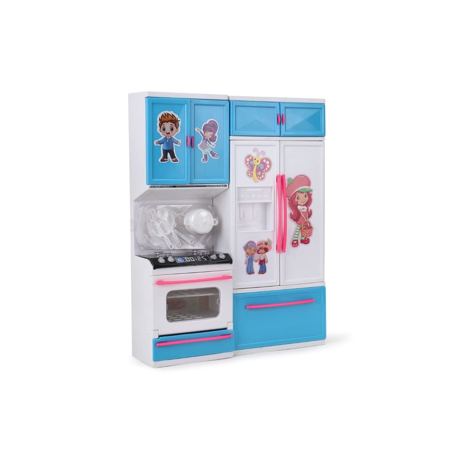 Toy kitchen set with colorful cabinets and appliances on a white background