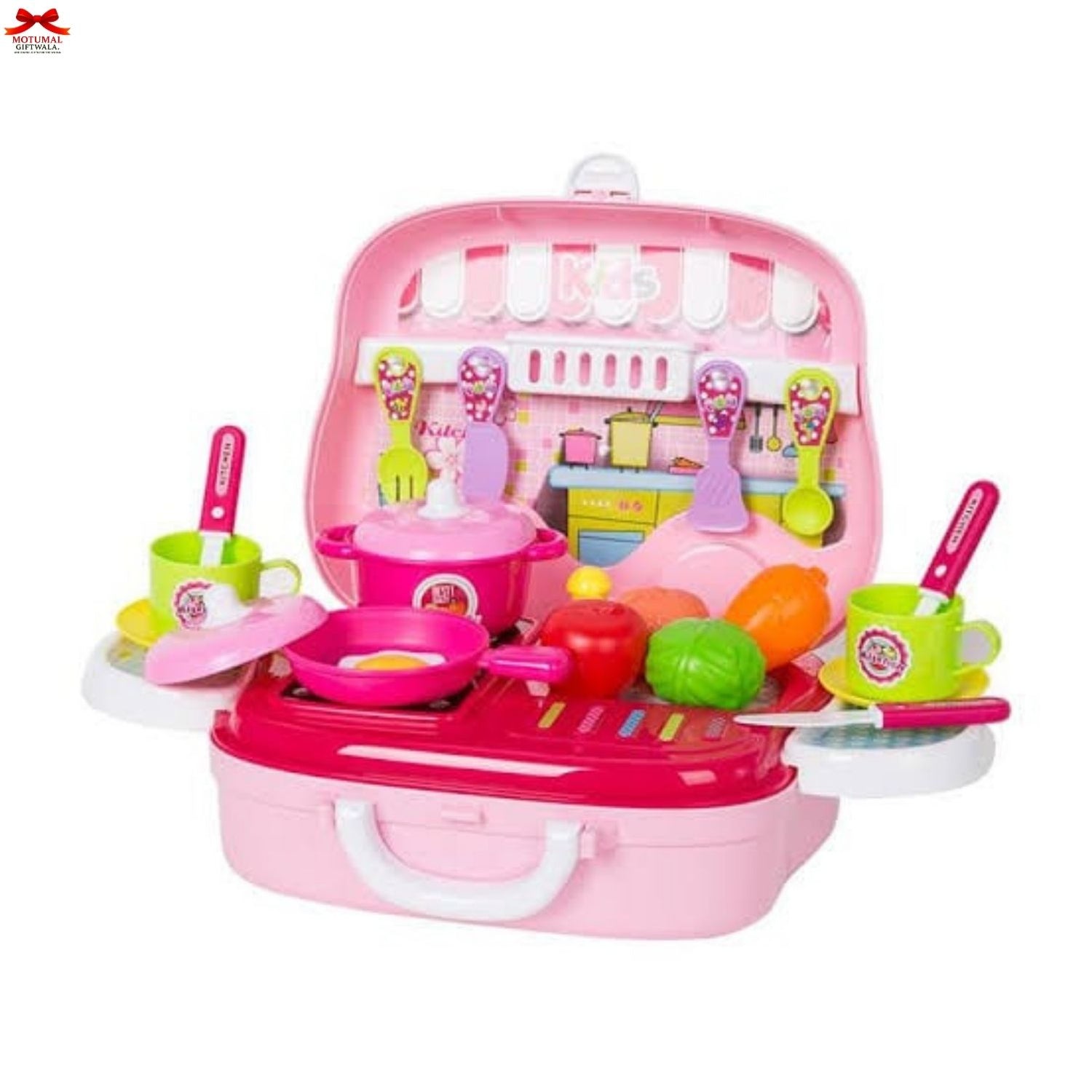Pink toy kitchen set with various utensils on a white background