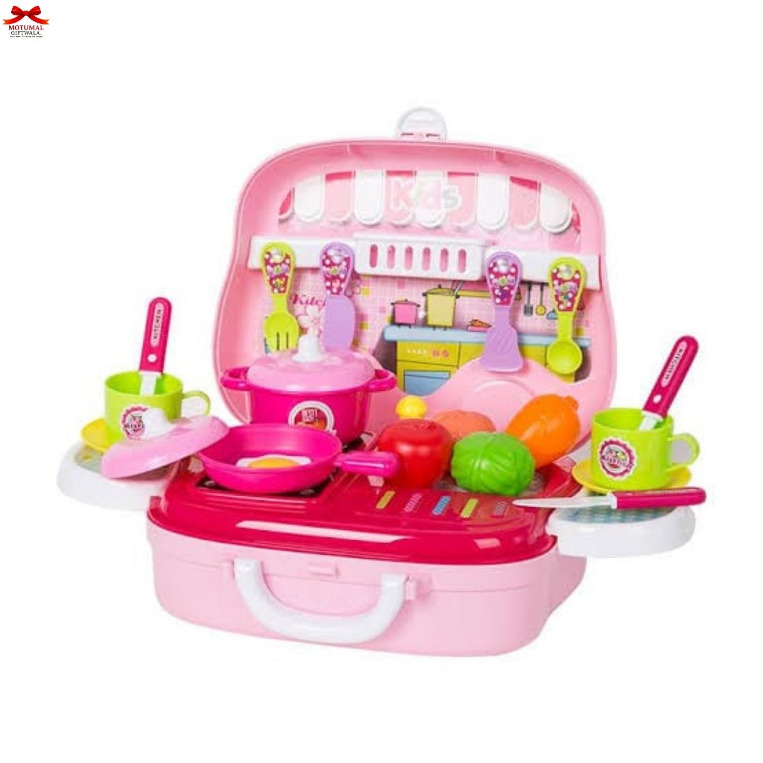 Pink toy kitchen set with various utensils on a white background