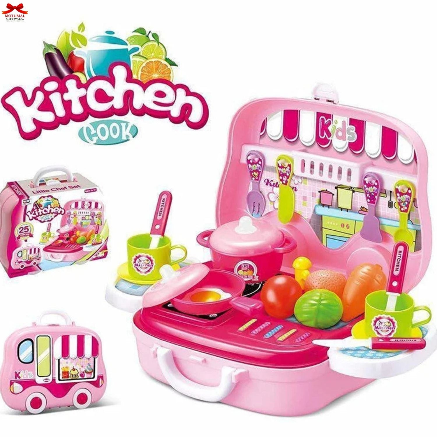 Toy kitchen set with pink stove, pots, and utensils on a white background