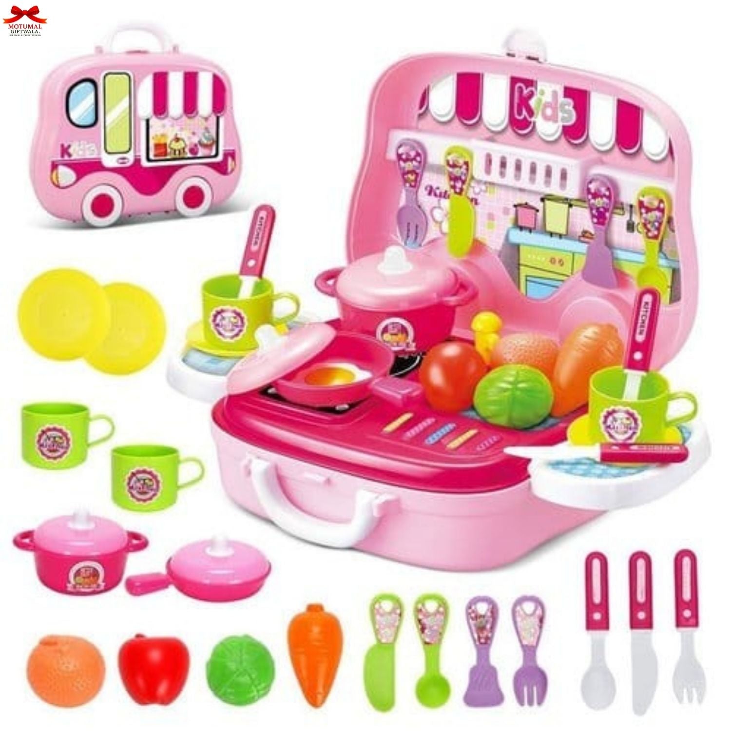 Pink toy kitchen set with various utensils and food items on a white background