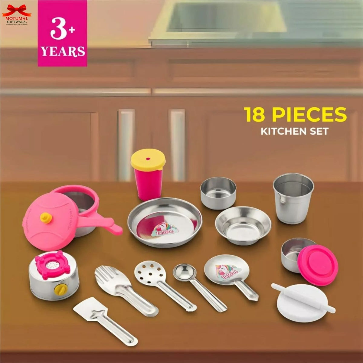 18-piece toy kitchen set on a wooden surface with a pink pot and various utensils.