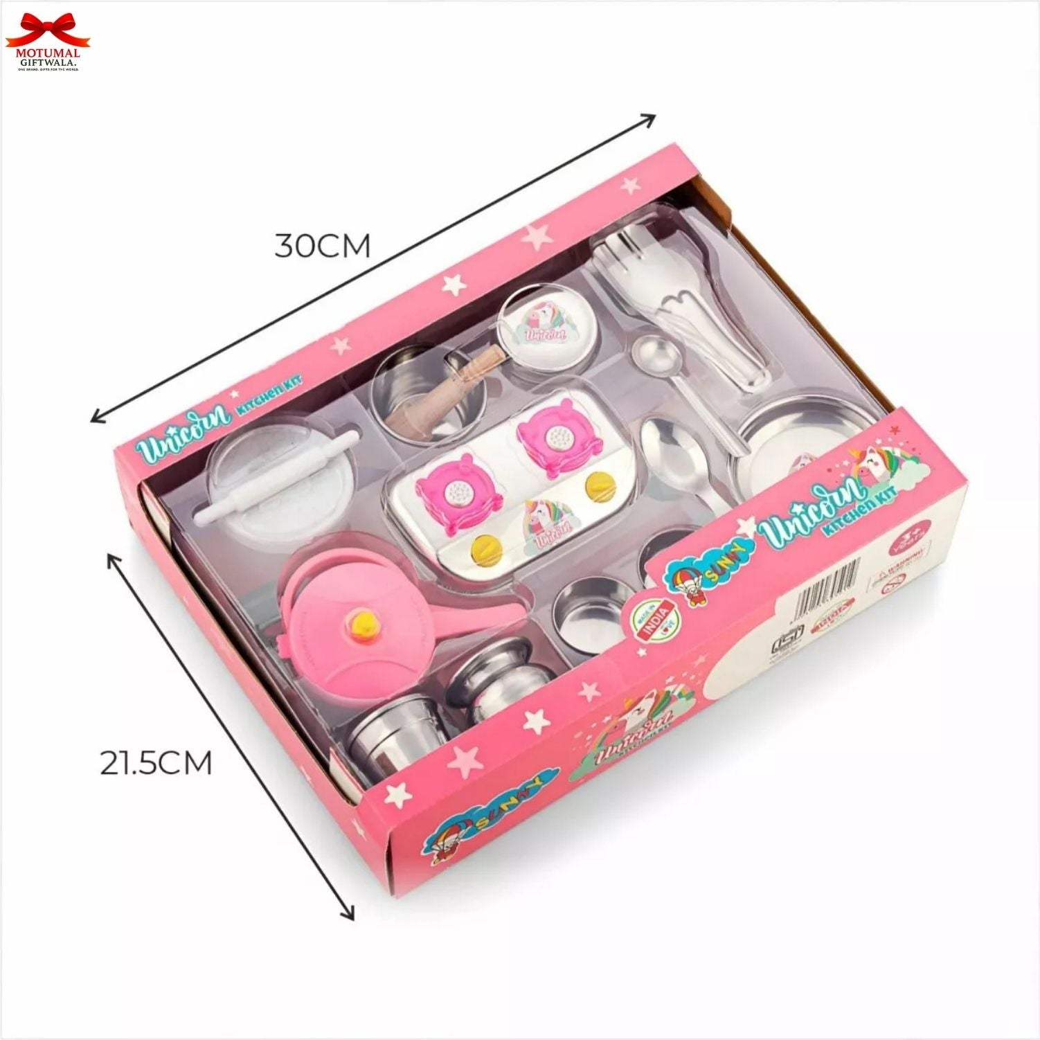 Toy kitchen set in a pink box with measurements on a white background