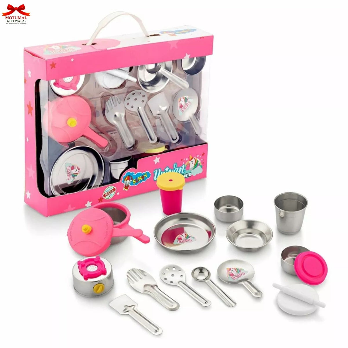 Children's toy kitchen set with pink and silver items on a white background
